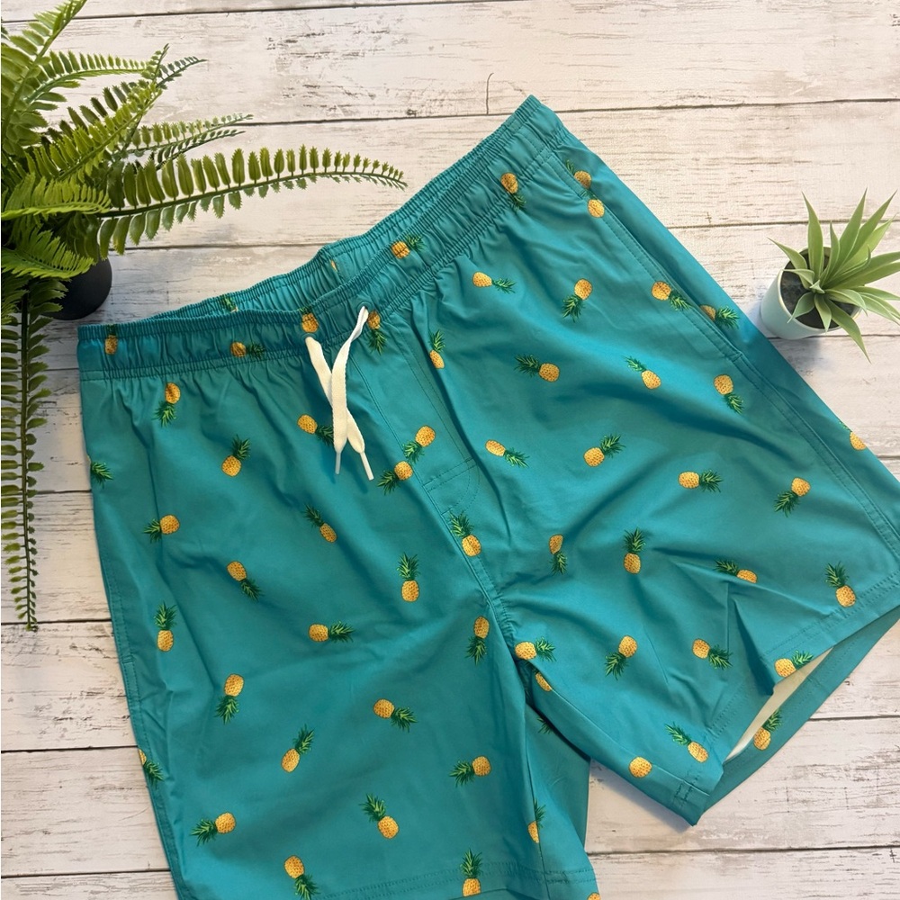 Old Navy - Teal Pineapple Print Swim Trunks w/ Drawstring + Mesh Lining - L